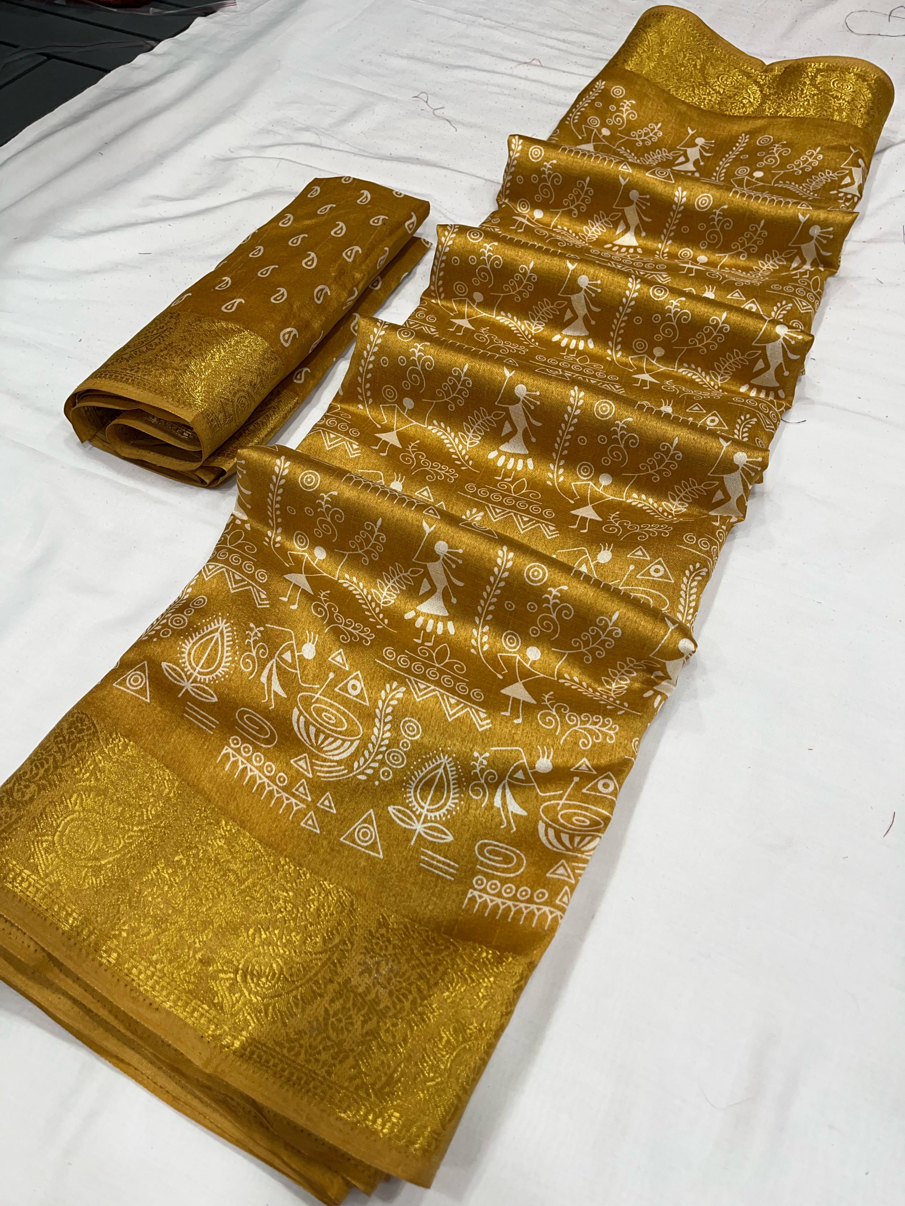 Yellow Tussar Silk Kalamkari Printed Saree
