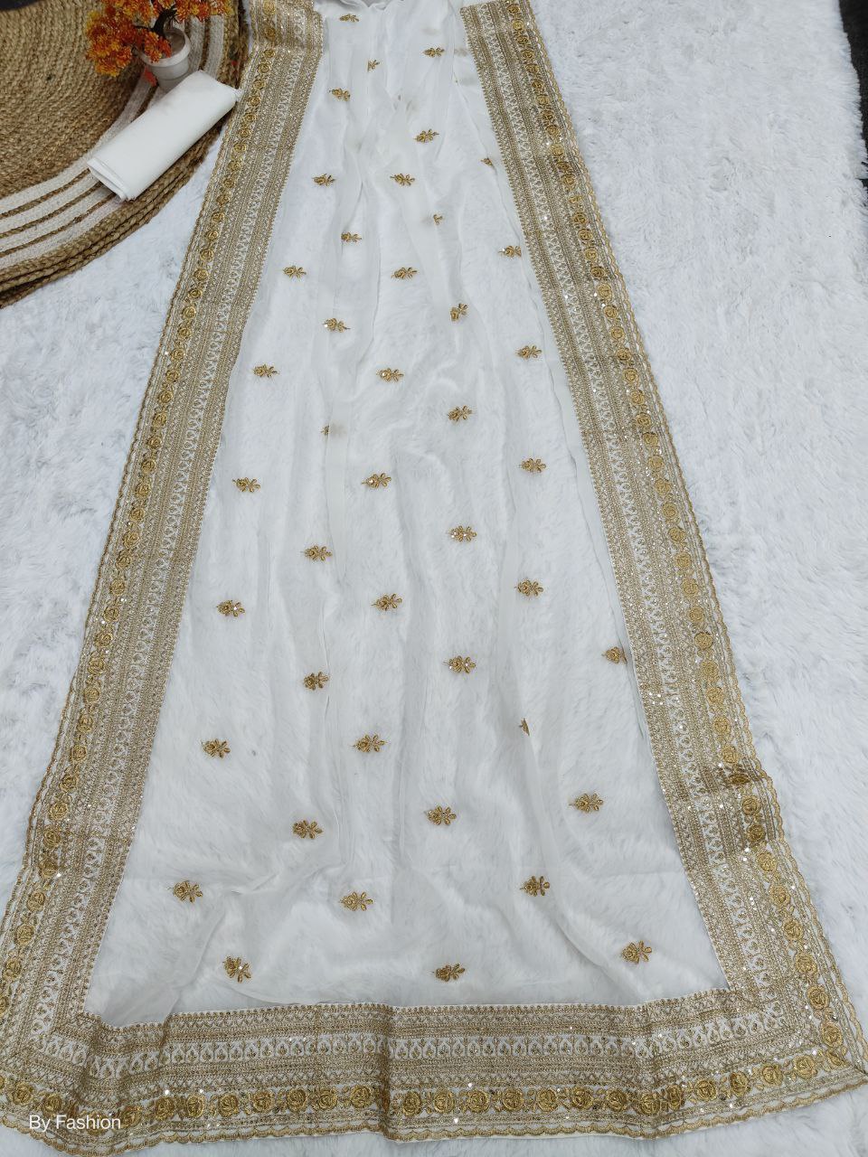 White Georgette Color Embroidery Work Saree