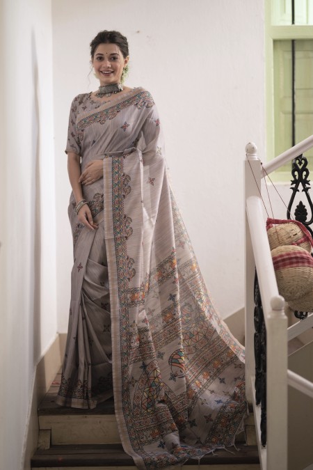 Gray Color Tussar Silk Printed Saree