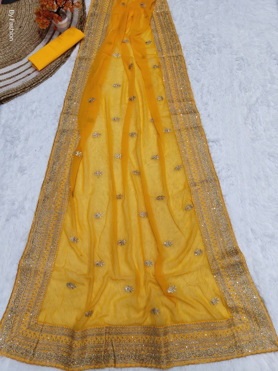 Yellow Color Embroidery work Saree