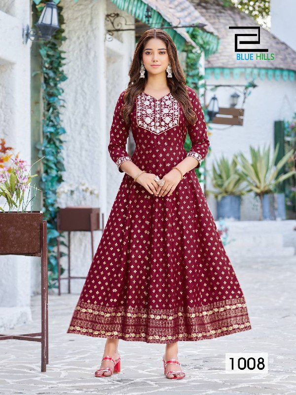 Marron Color Anarkali Embroidery Neck Work Gown