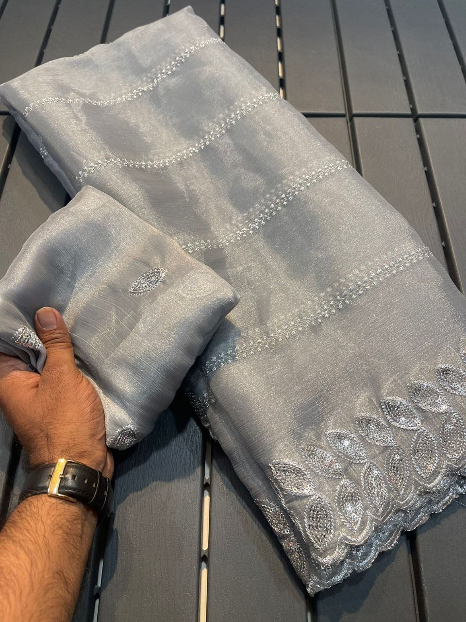 gray Color Zimmy Chu Embroidery Work Saree