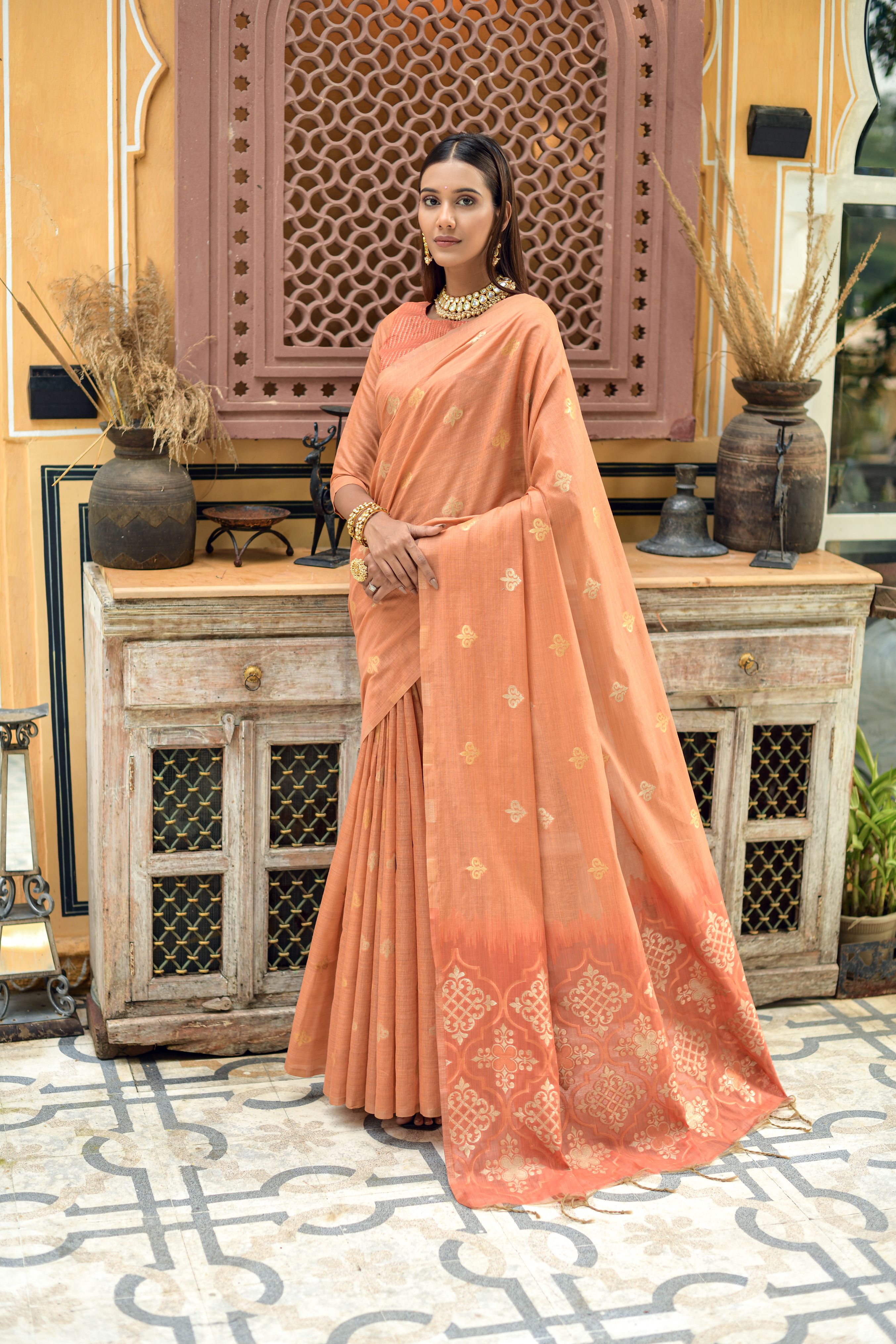 Orange Chanderi Cotton Silk Saree