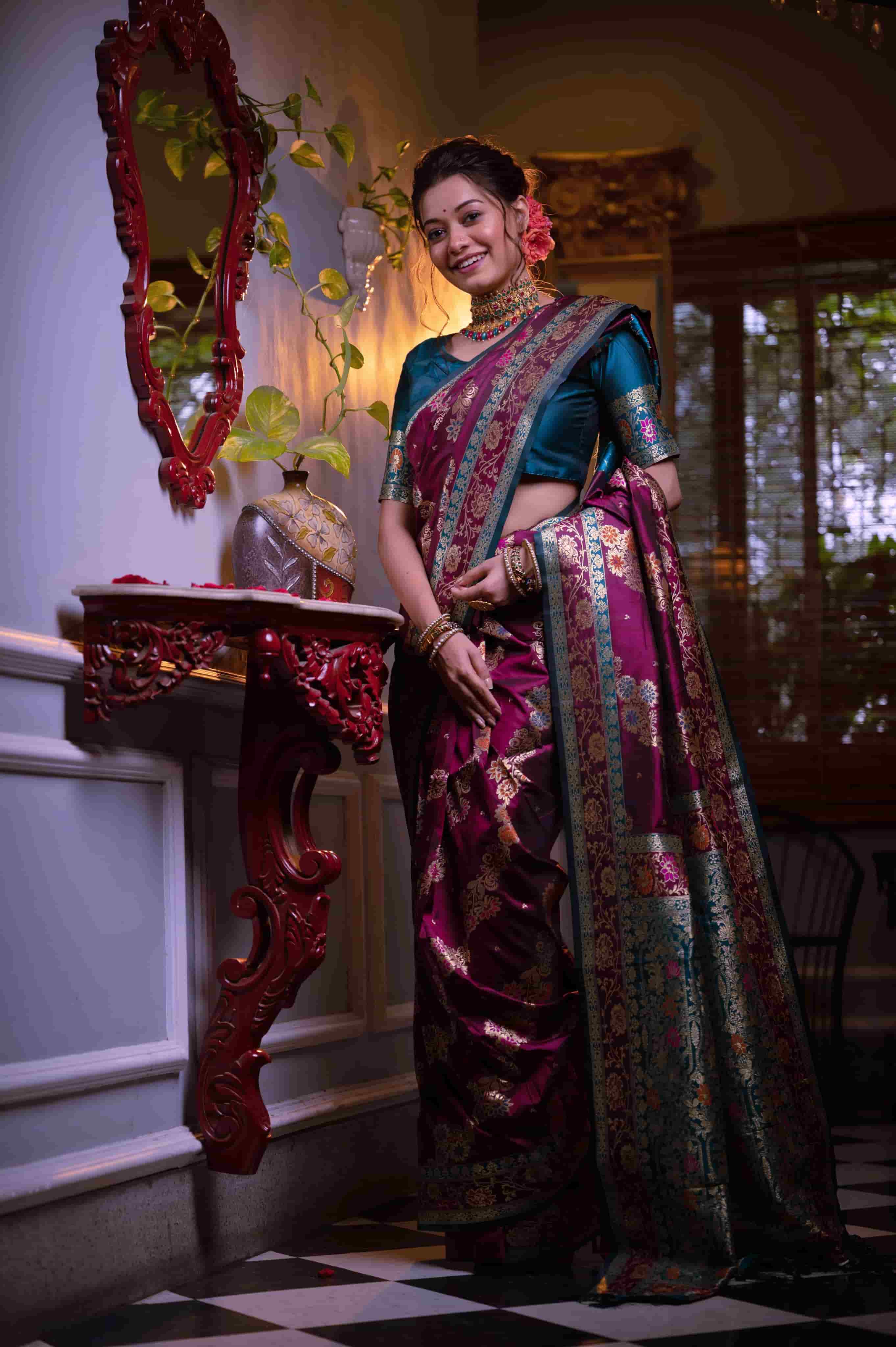 Purple Banarasi Silk Saree With Contrast Color Blouse
