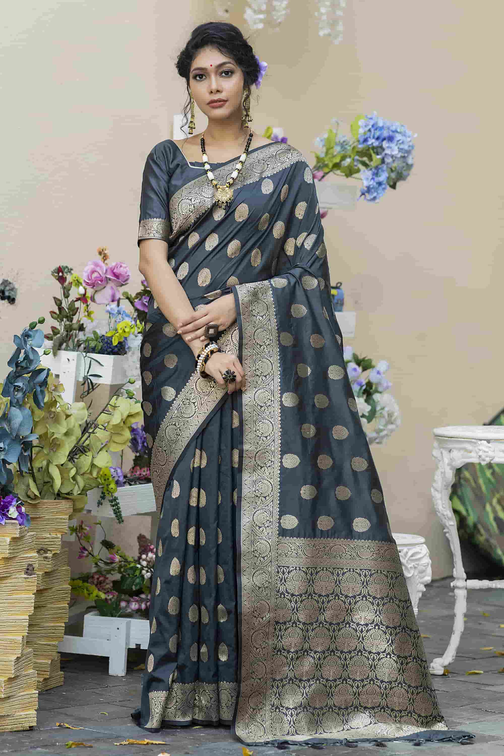 Black Color Banarasi Katan Silk Saree