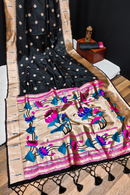 Woven design Black Paithani Silk Saree