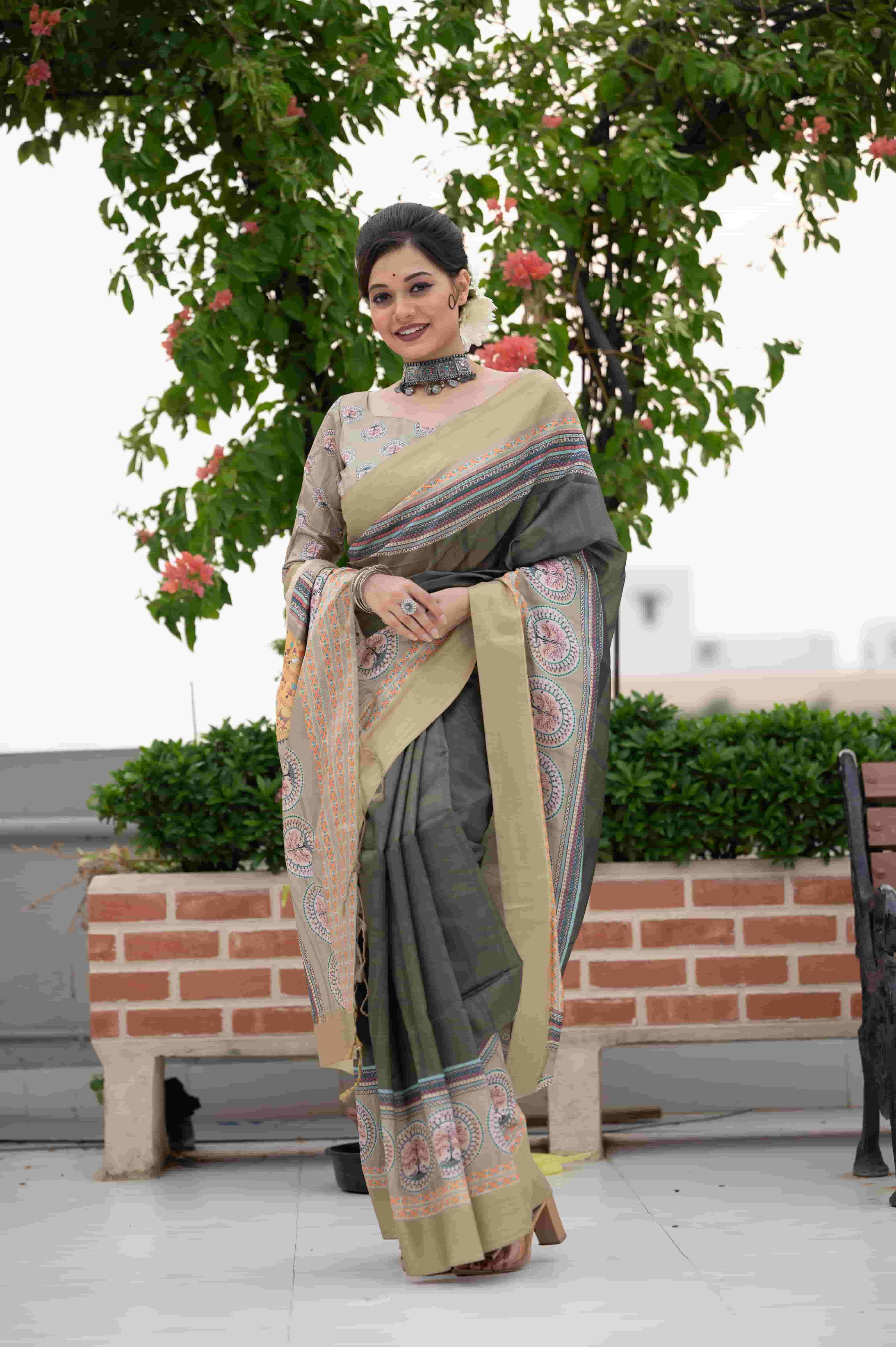 Tussar Silk Printed saree with zari border