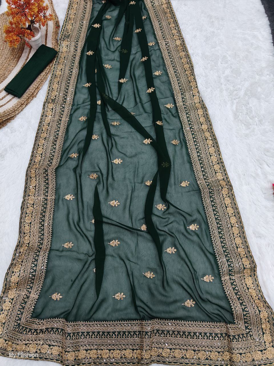 Green Color Georgette Embroidery Work Saree