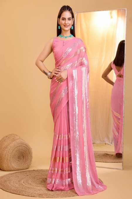 Pink Color Double Sequence Work Saree
