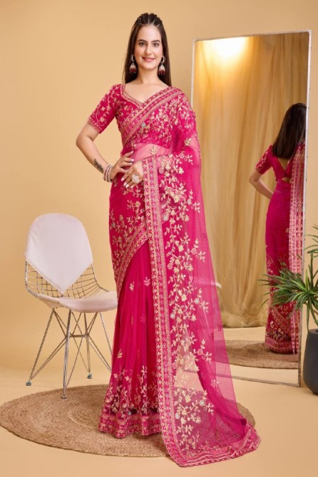 Peach color Soft net saree with embroidery work