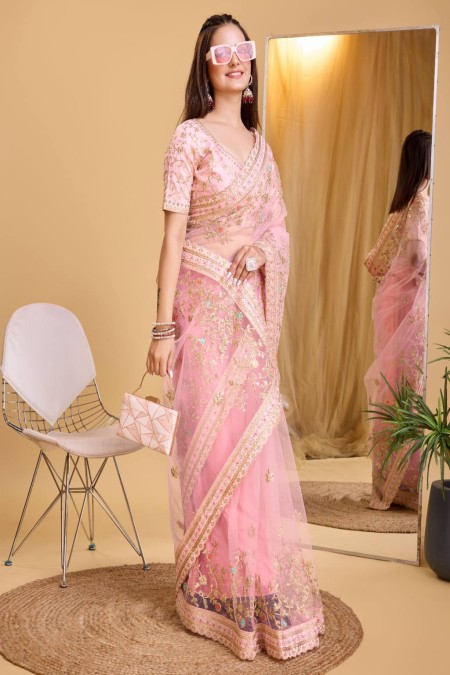 pink Color Soft Net Saree with embroidery work saree