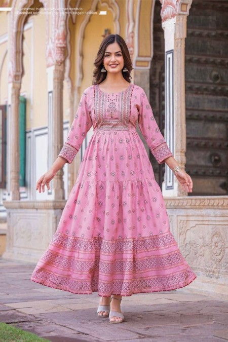 Baby Pink Hand Work Neck Printed Gown