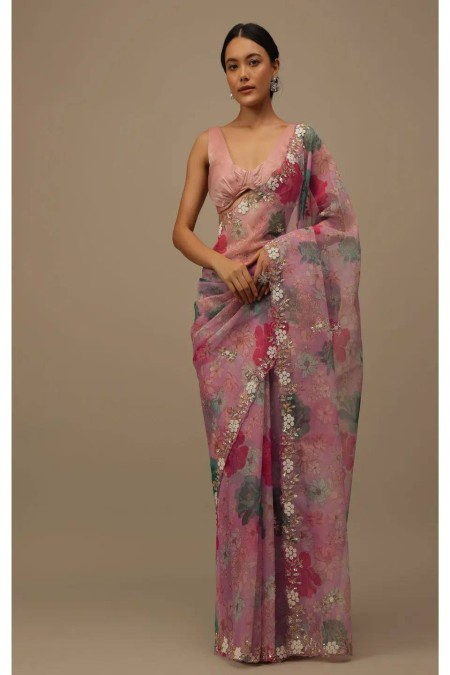 Peach Color Organza Silk Saree With Beautiful Embroidery Wotk