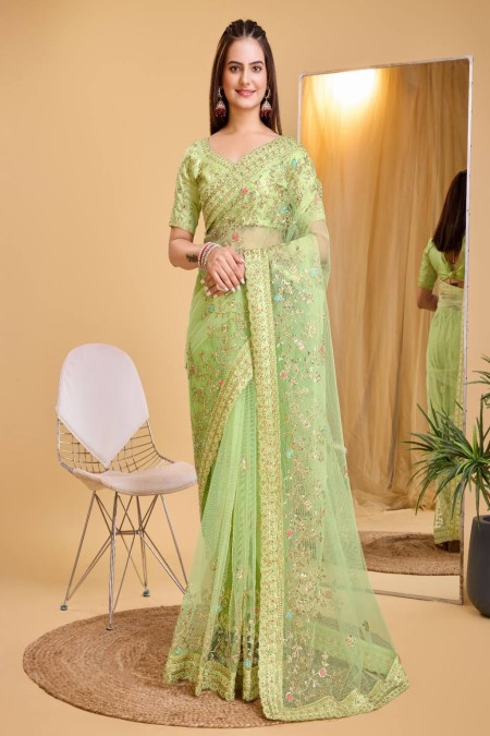 Pista Green Color Soft Net Saree With Embroidery work