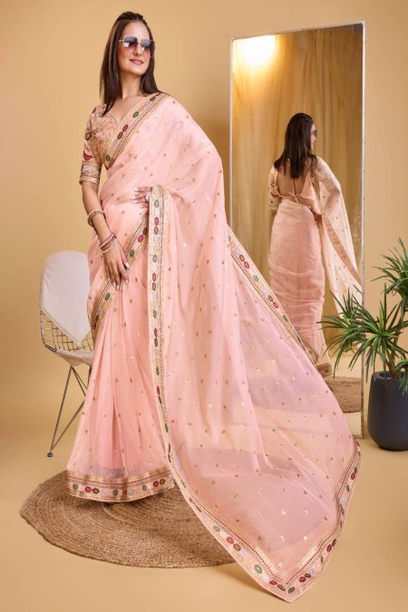 Peach Color Organza Silk Saree With Beautiful Sequence Work Design