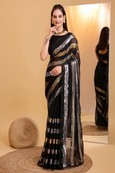 Black Color Georgette Sequence Work Saree