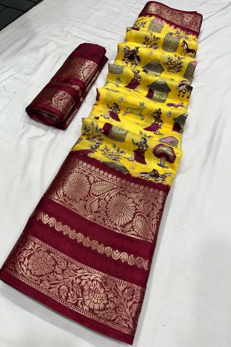 Yellow Color Kalamkari Printed Saree