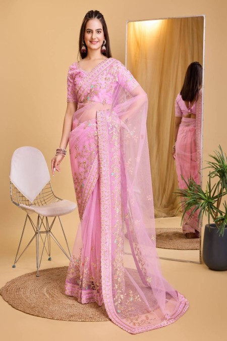 Soft Net Pink Color saree With Embroidery Work