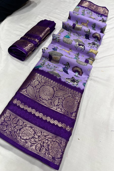 violet kalamkari Printed saree