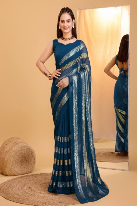 Rama Color Georgette Sequence Work Saree