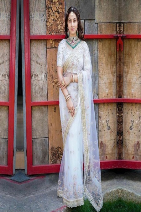 Off White Color Soft net Saree With Embroidery Work