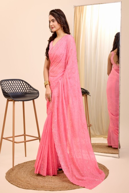 Pink Color Organza Silk Saree With Sequence Work