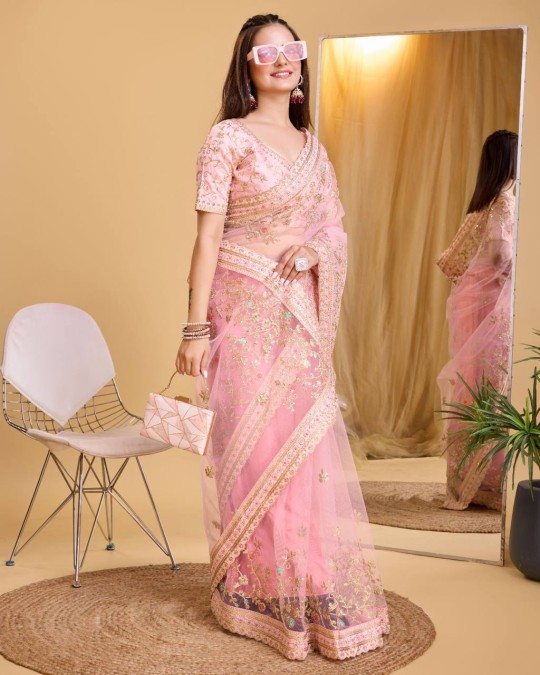 Pink Color soft Net Embroidery work Saree
