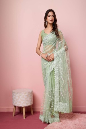 Green Color Soft Net Embroidery Work Saree