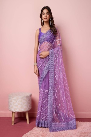 Violet Soft Net Embroidery Work Saree