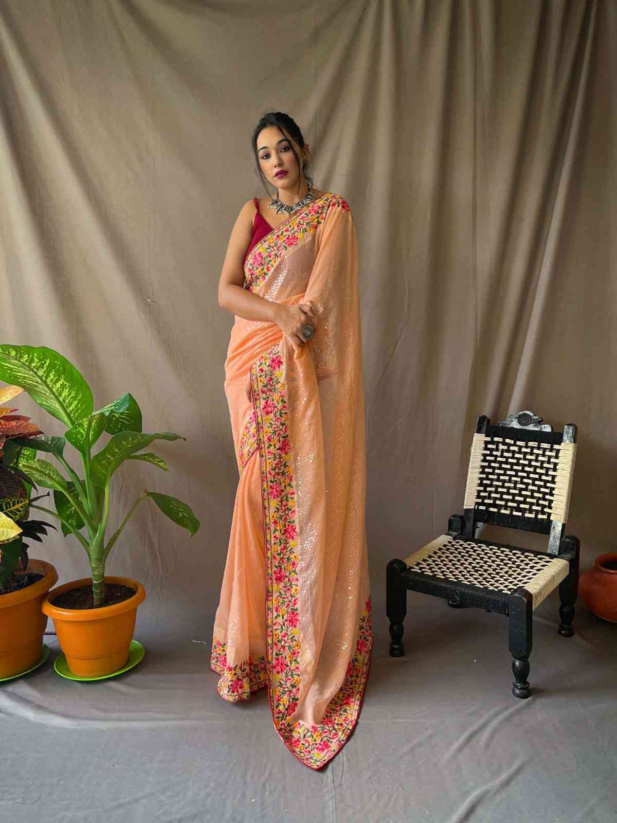 Orange Color Georgette Sequence Work Saree