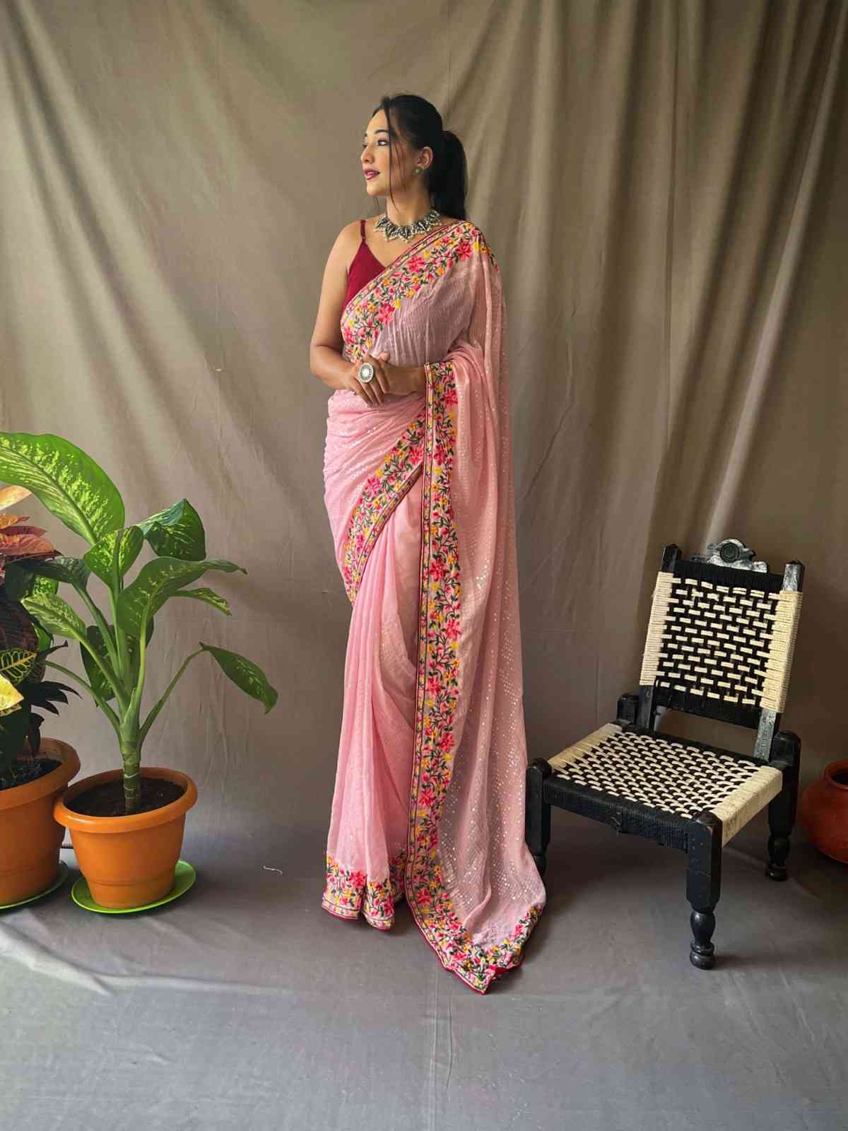 Peach Georgette Sequence Work Saree