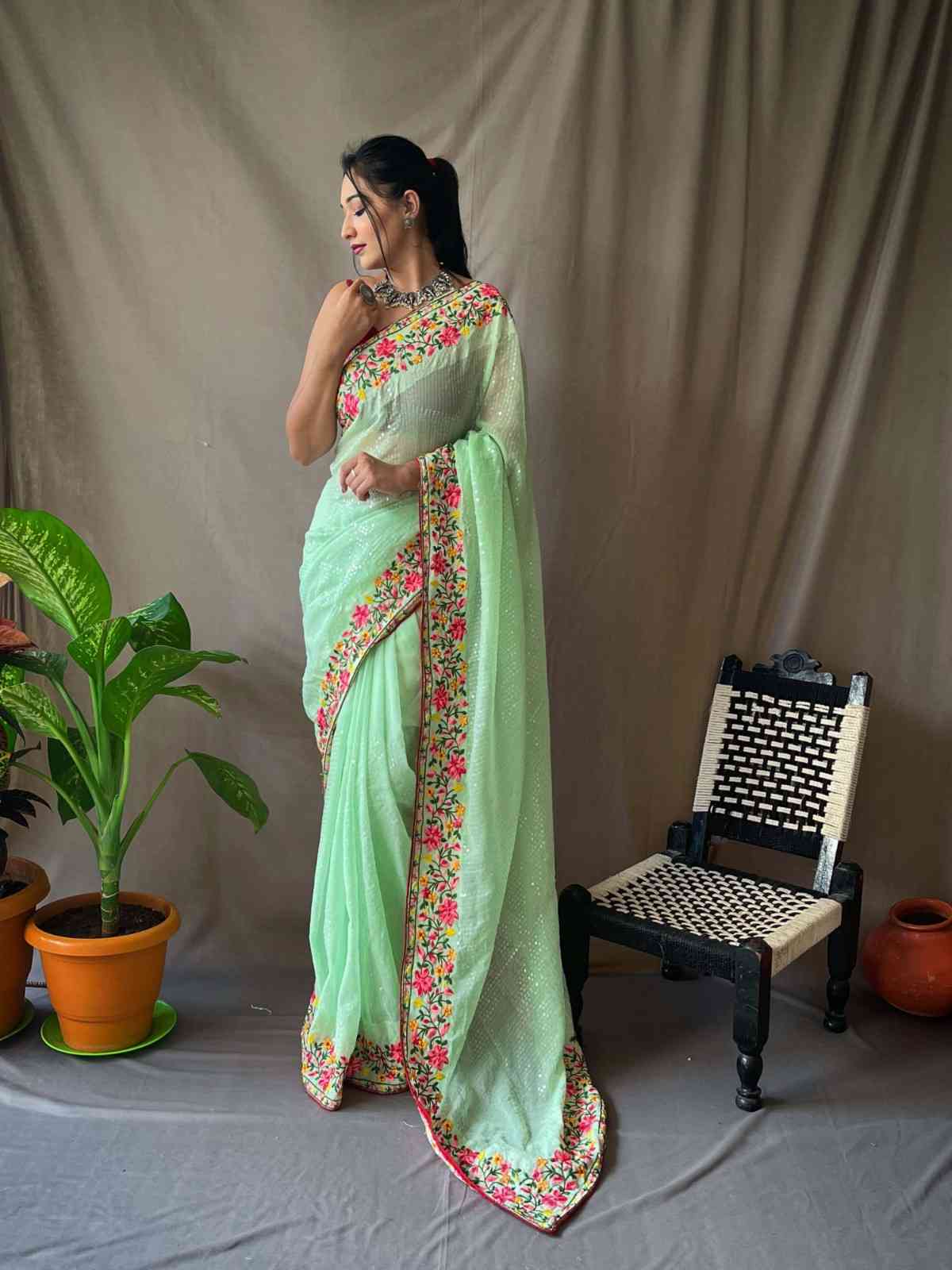 Green Sequence Work Saree