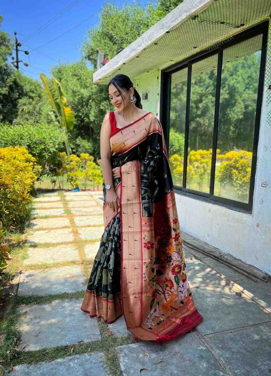 Black Soft paithani Silk Saree