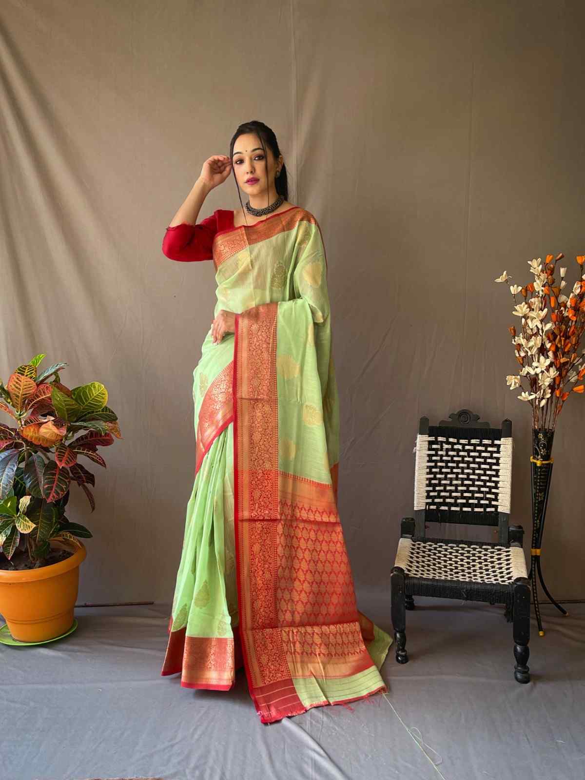 Green Soft Linen SIlk Saree