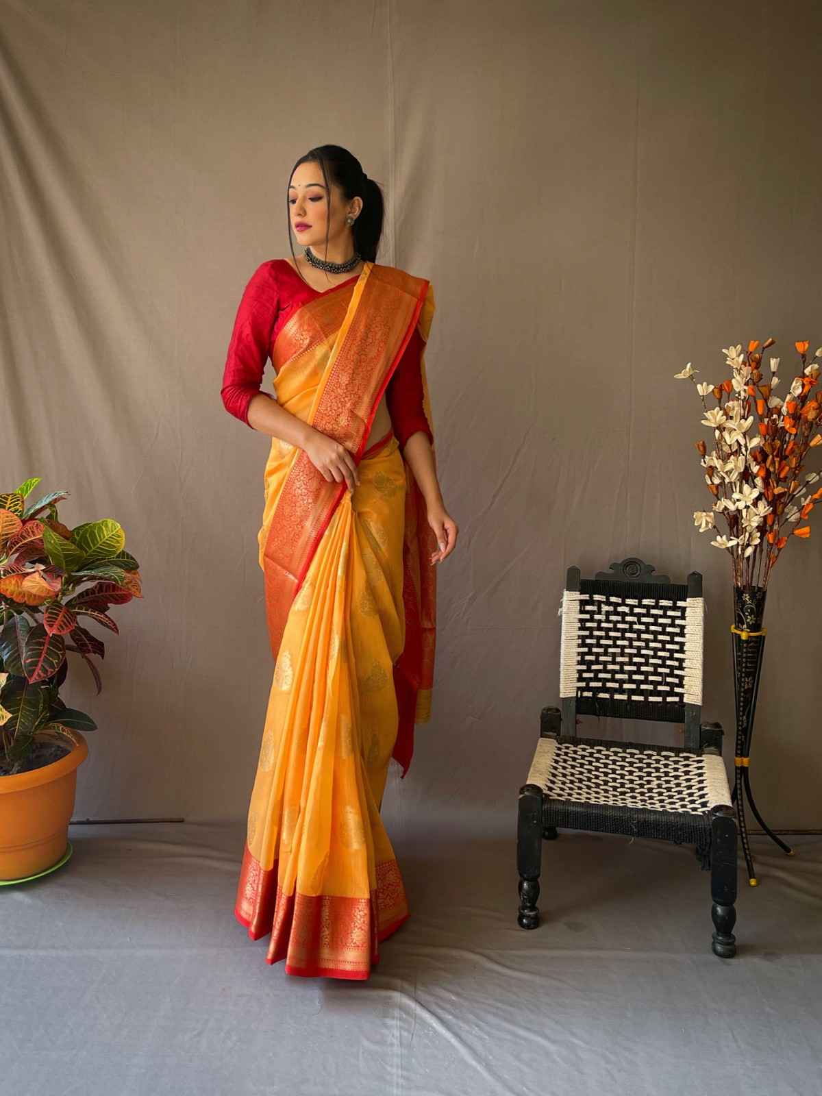 Yellow Color Soft Linen Silk Saree