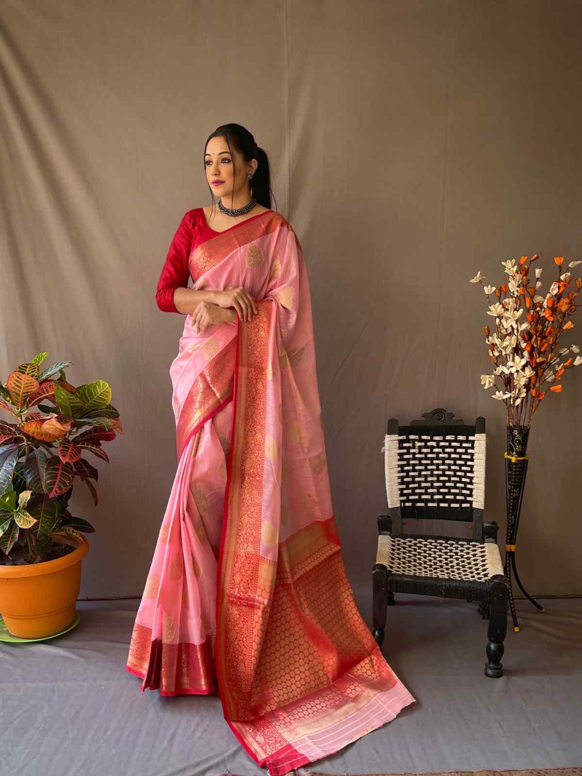 Pink Color Linen Silk Saree