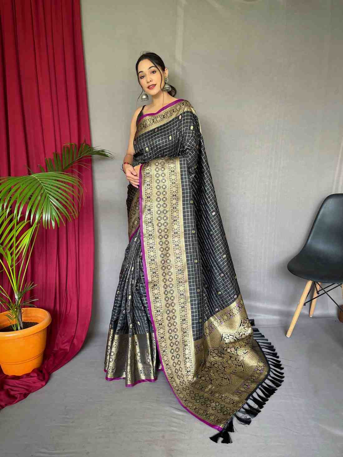 Black Banarasi Checks Saree