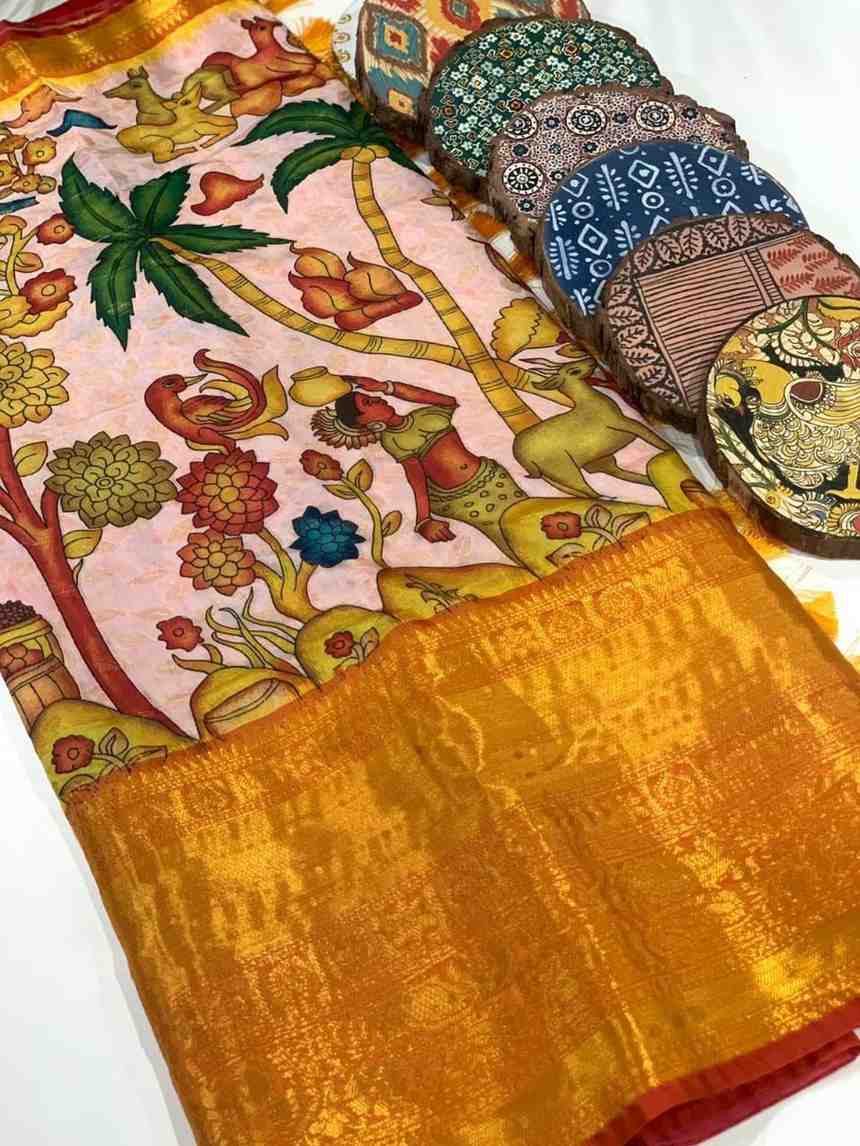 Chiku color Kalamkari Printed Saree