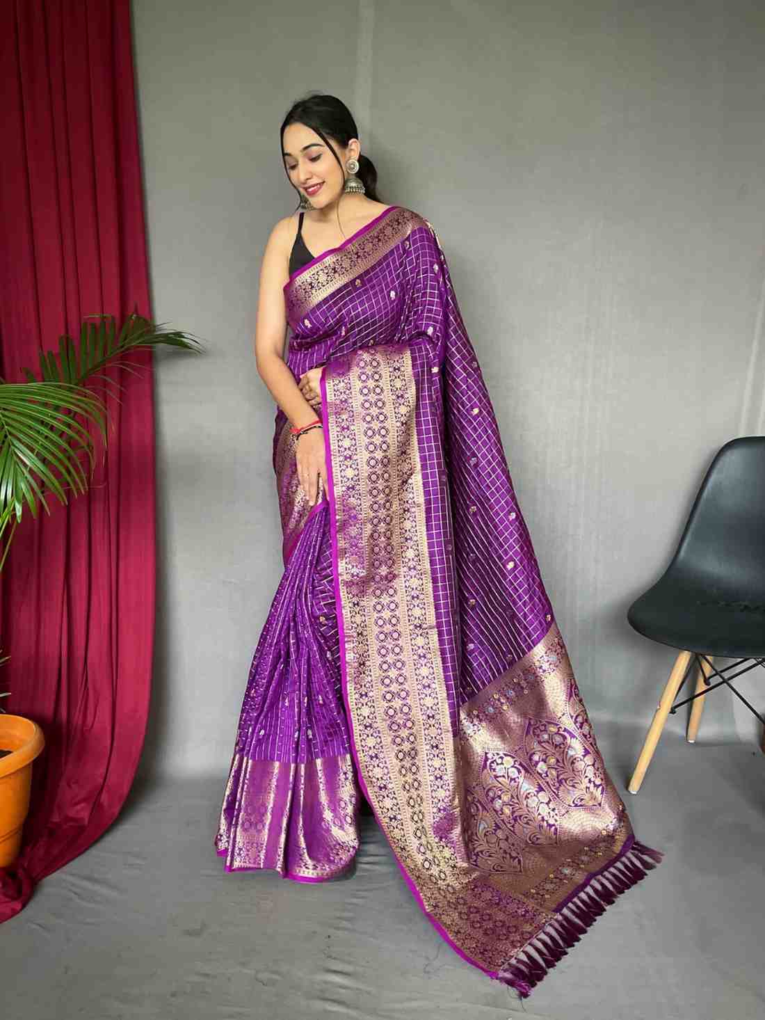 Purple Banarasi Checks Saree