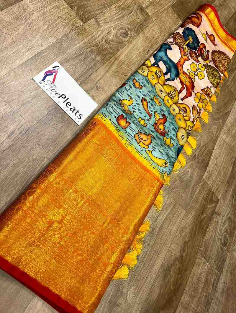 Skyblue Kalamkari Printed Saree