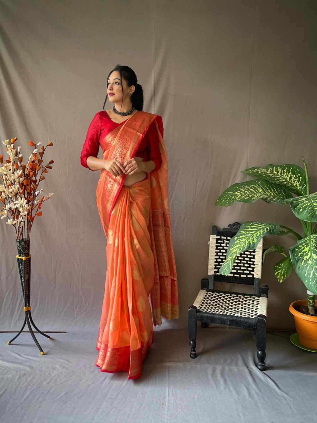 Orange Color Soft Linen Silk Saree