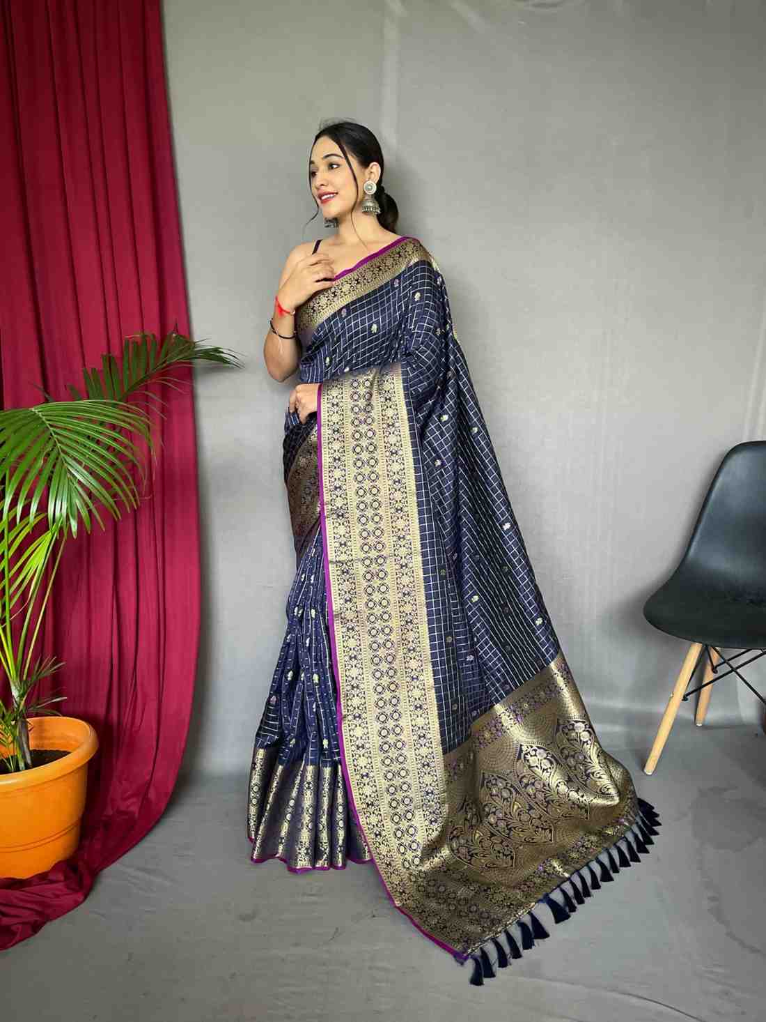 Navy Blue Checks Banarasi Silk Saree