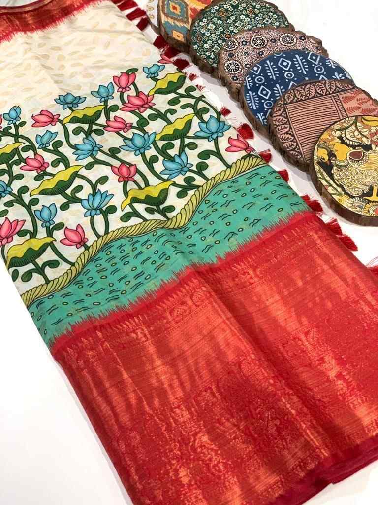 Off White kalamkari Printed Saree