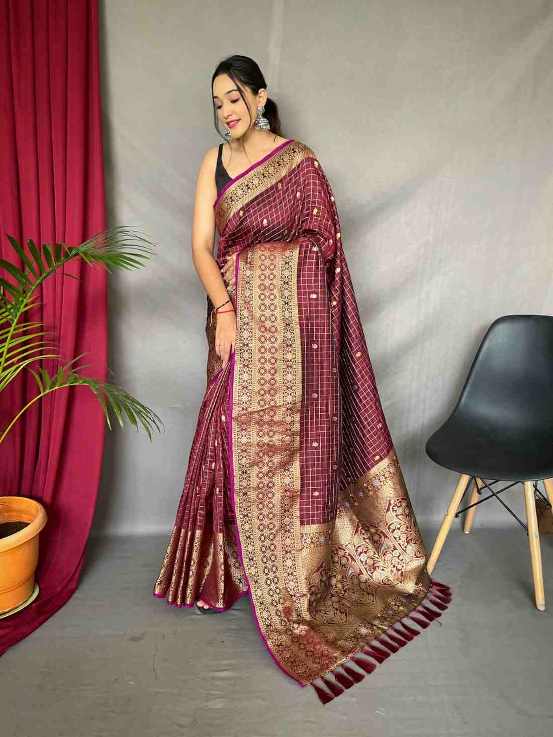 Marron Color Banarasi Checks Saree