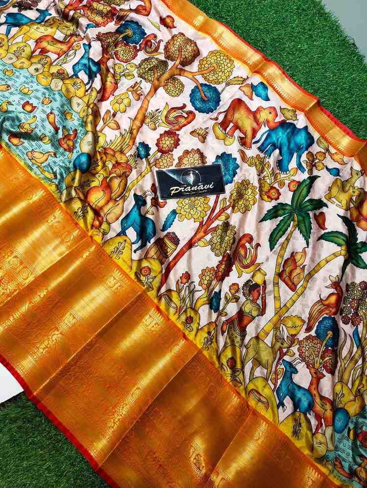 yellow Color Kalamkari Printed Saree