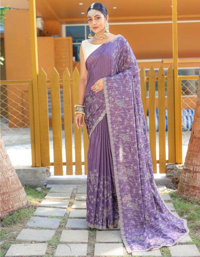 Purple Soft Silk Embroidery Work Saree