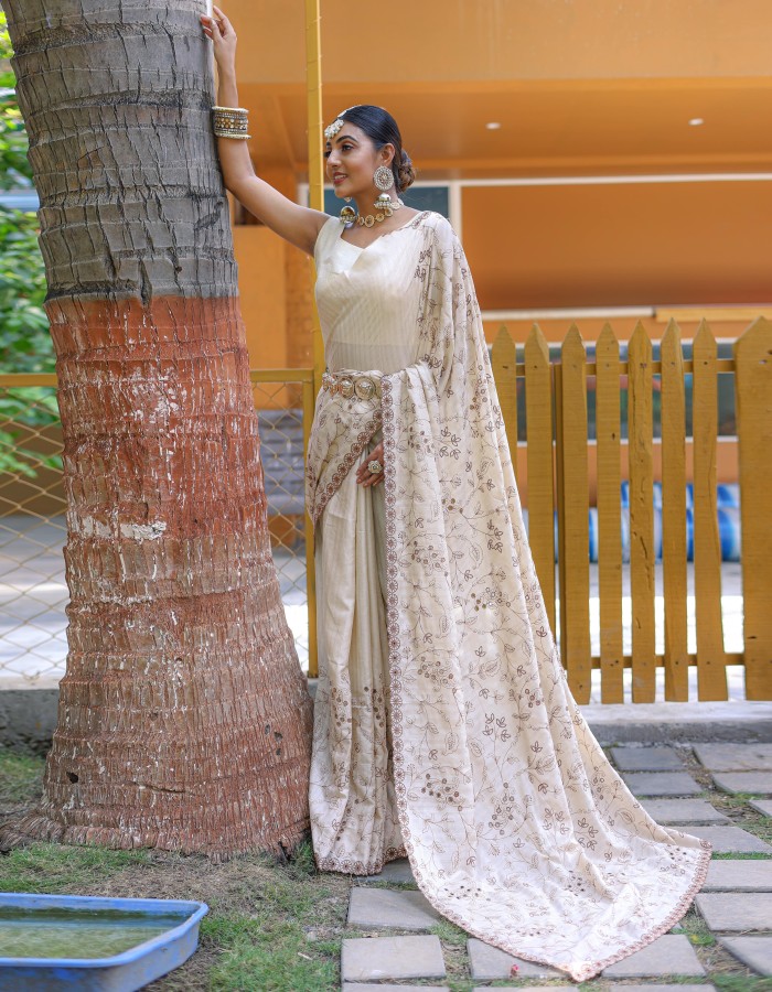 Off White Soft Silk Embroidery Work Saree