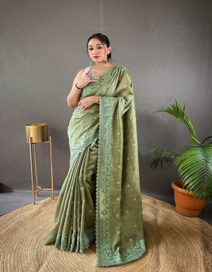 Green Matka Silk Embroidery Work Saree