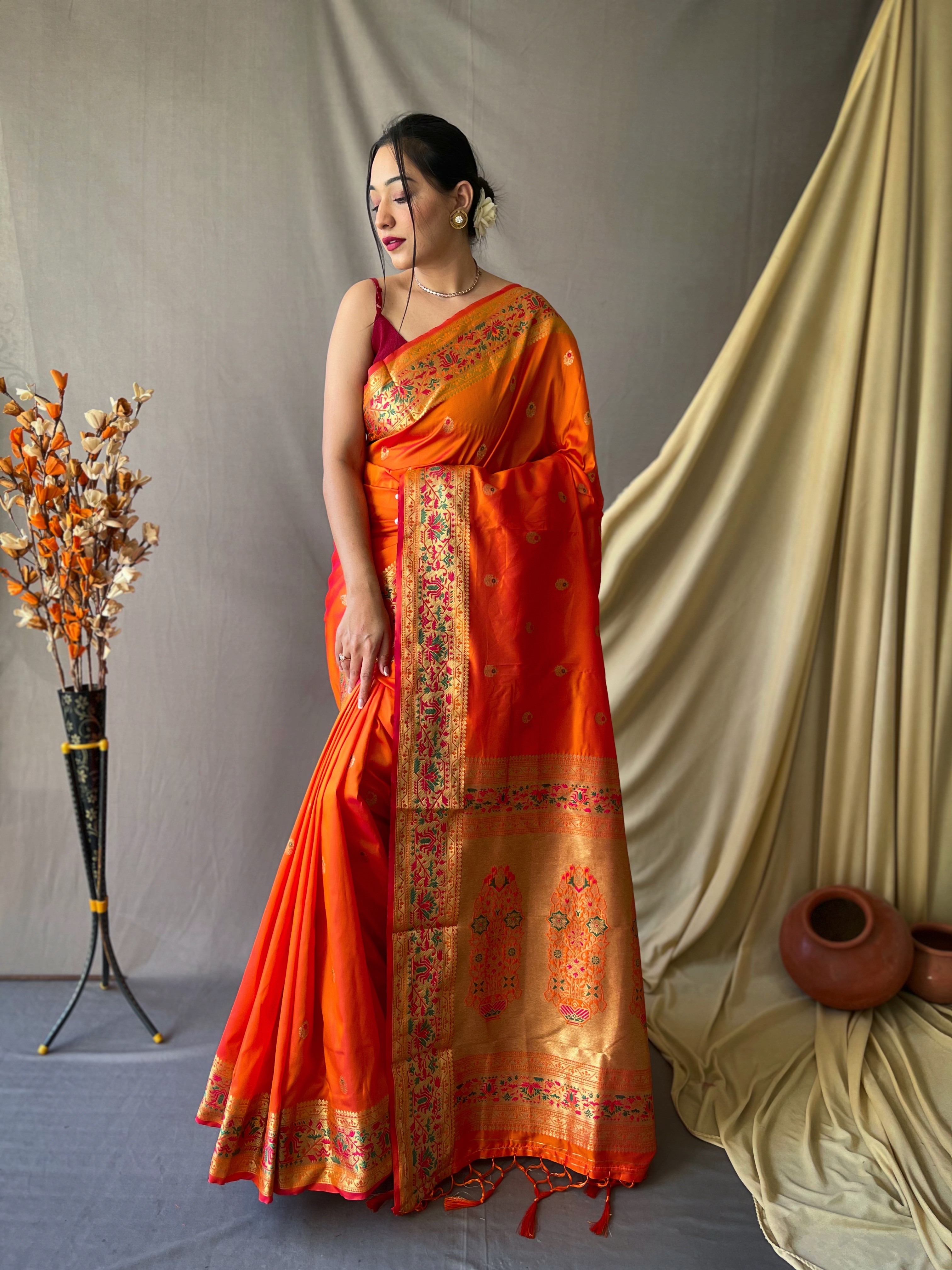 Orange Color Pure Paithani Silk Saree