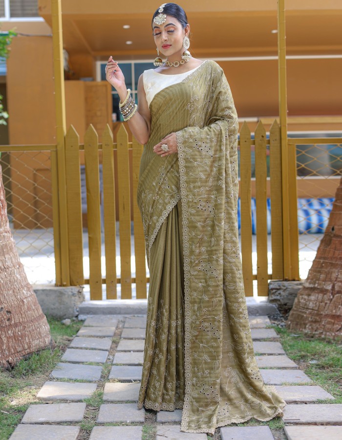 Olive Color Soft Silk Embroidery Work Saree